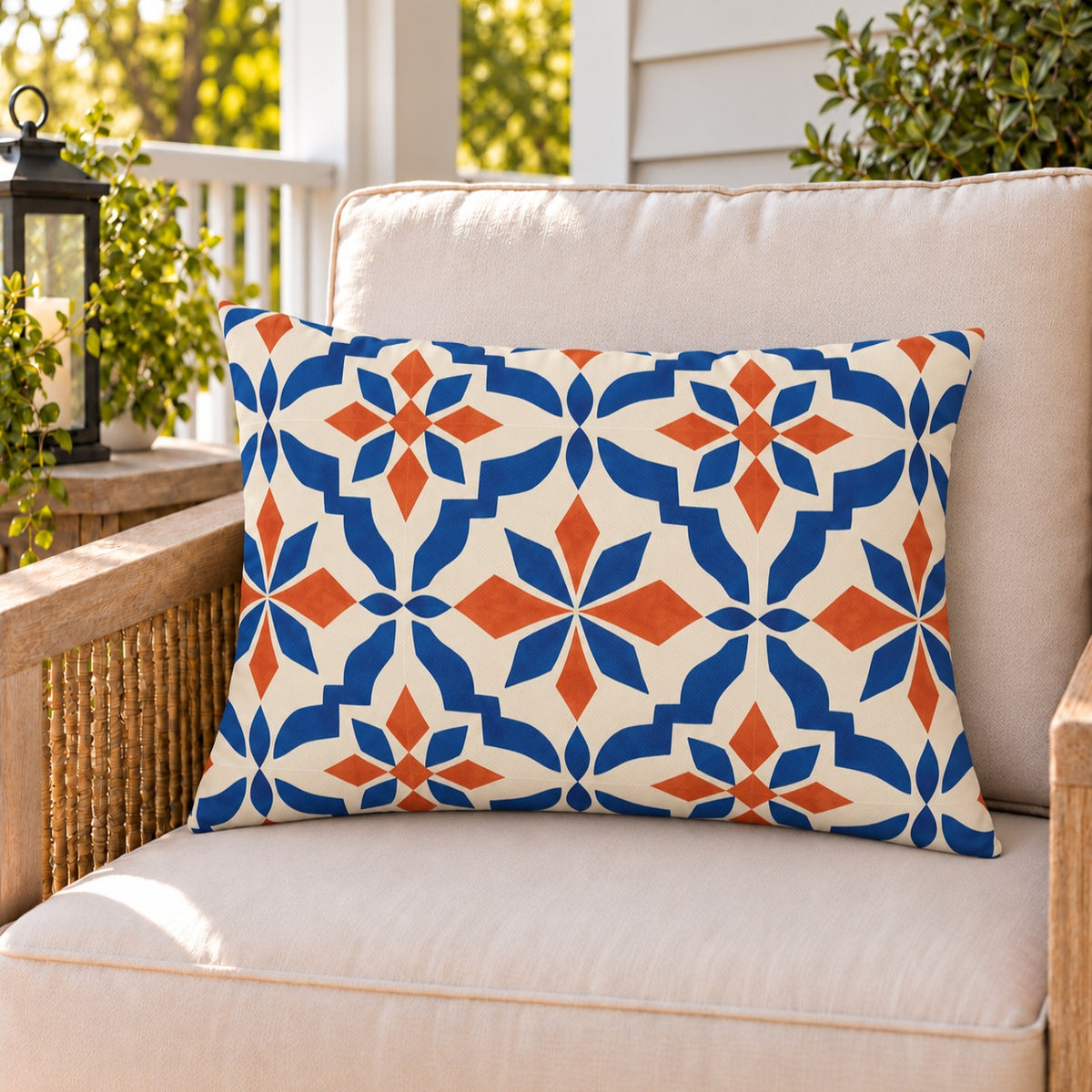 Moroccan Tile Terracotta Blue outdoor lumbar pillow on a rattan chair on a sunny summer porch