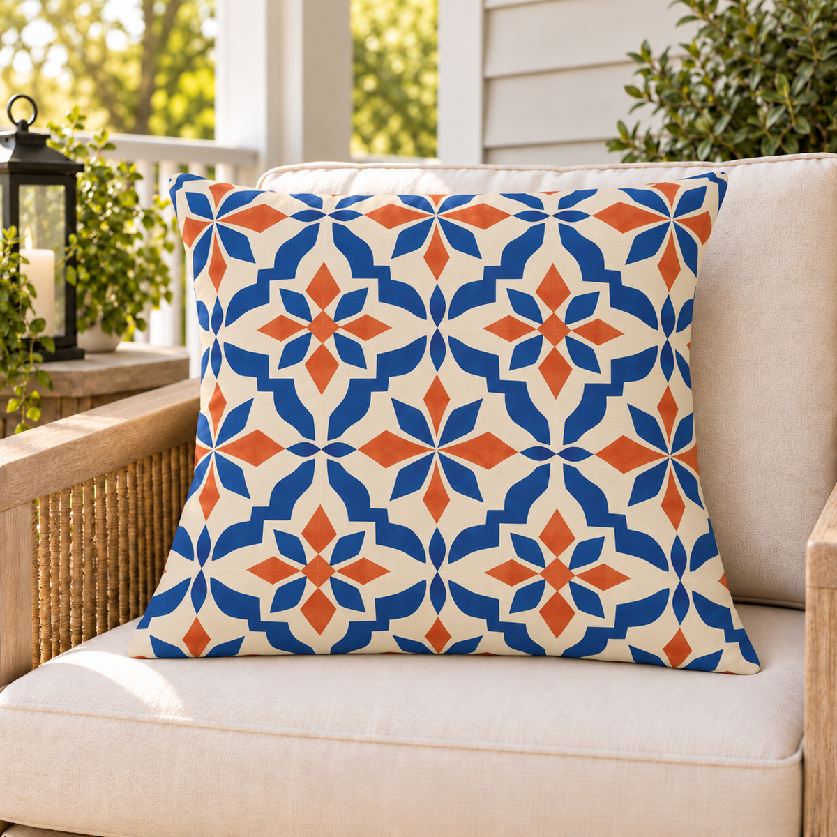 Moroccan Tile Terracotta Blue outdoor pillow on a rattan chair on a sunny summer porch