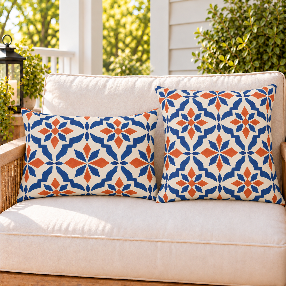 Moroccan Tile Terracotta Blue outdoor pillow and outdoor lumbar pillow styled together as a set on a porch loveseat