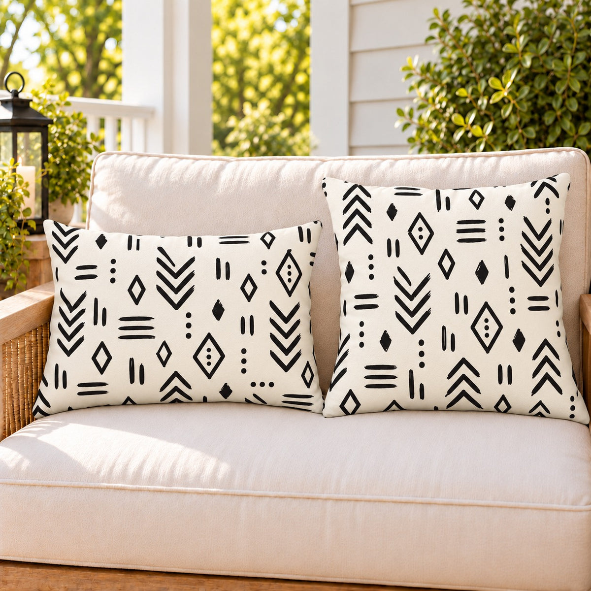 Black and white mudcloth outdoor pillow and outdoor lumbar pillow styled together as a set on a porch loveseat