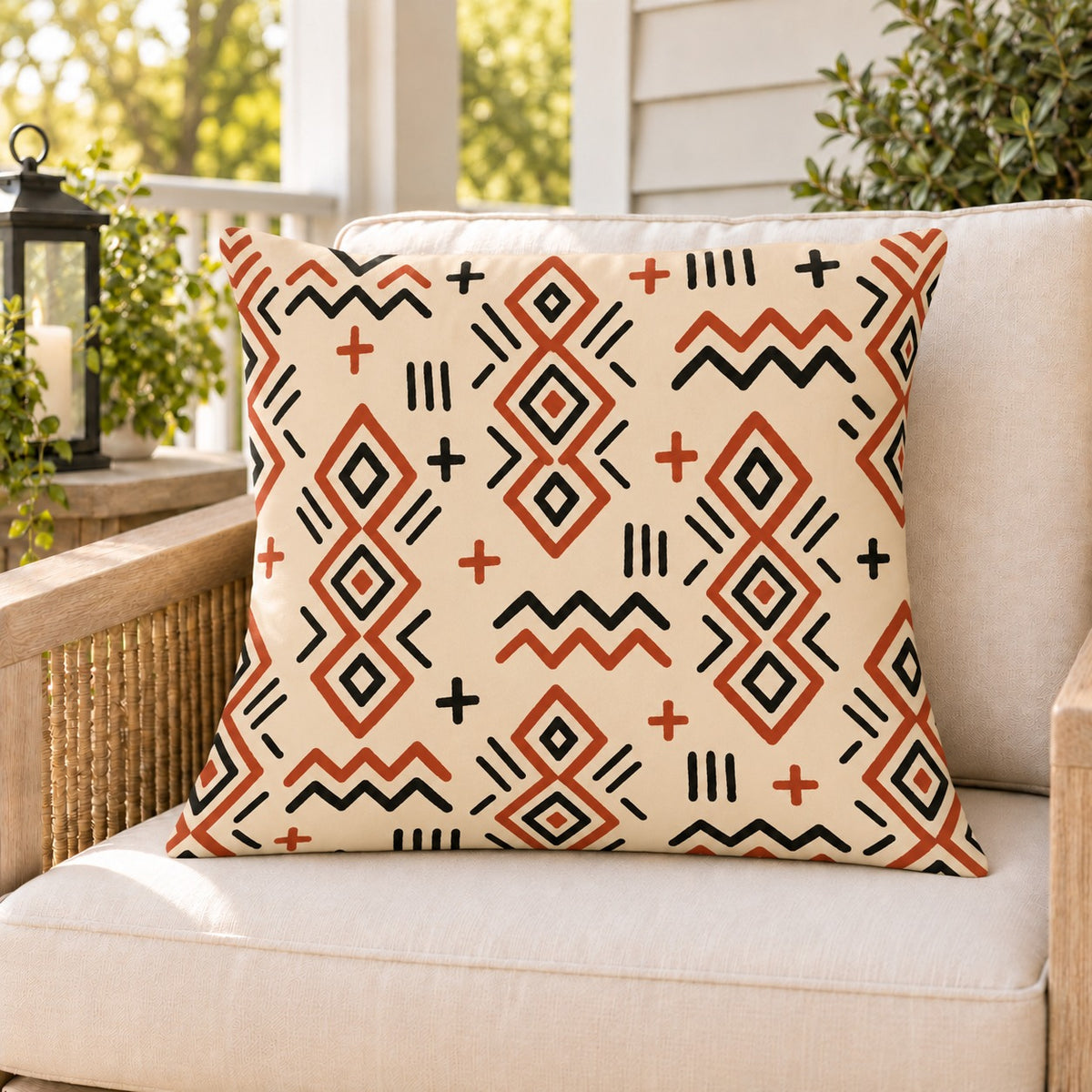 Terracotta mudcloth boho outdoor pillow on a rattan chair on a sunny summer porch