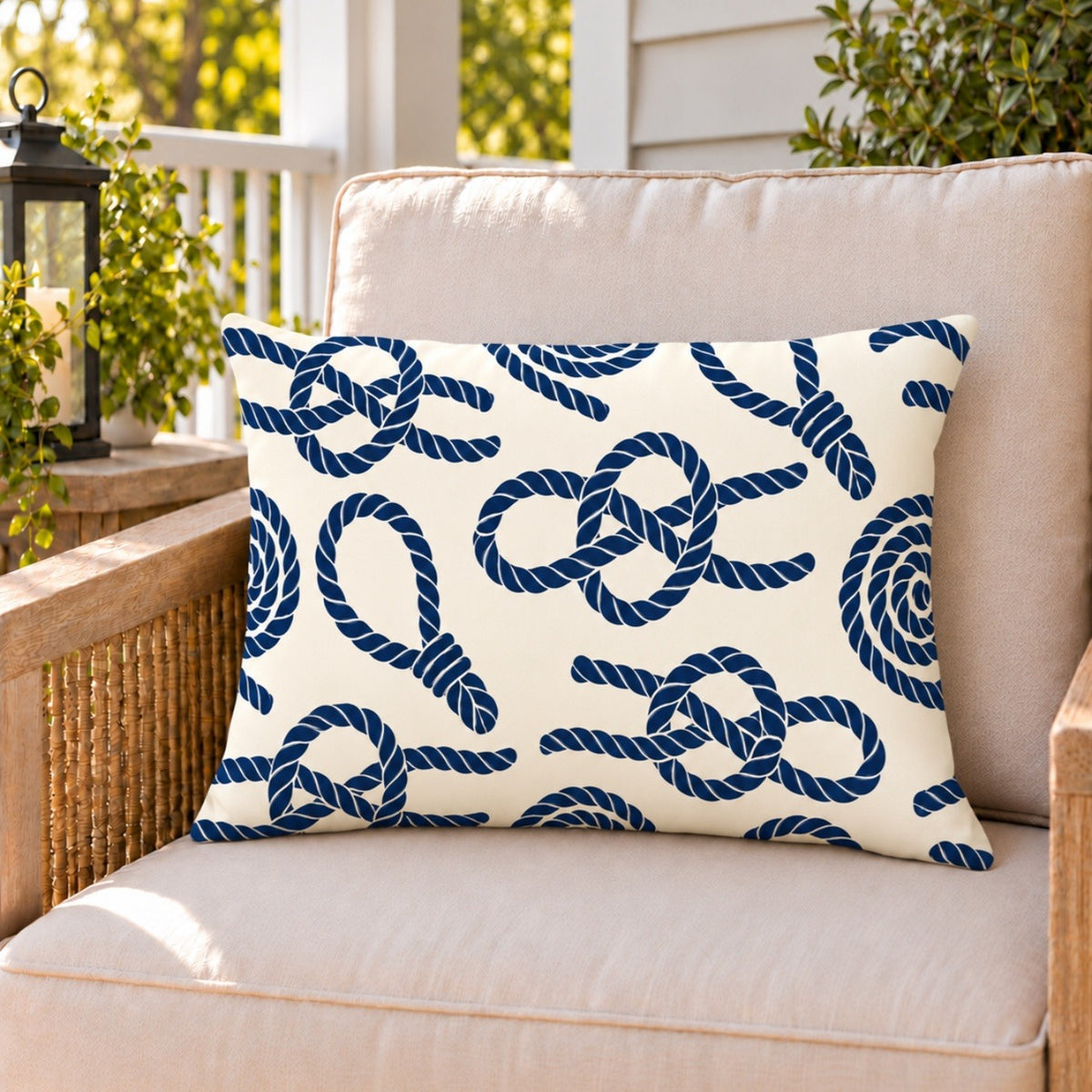 Nautical rope knot outdoor lumbar pillow on a rattan chair on a sunny summer porch