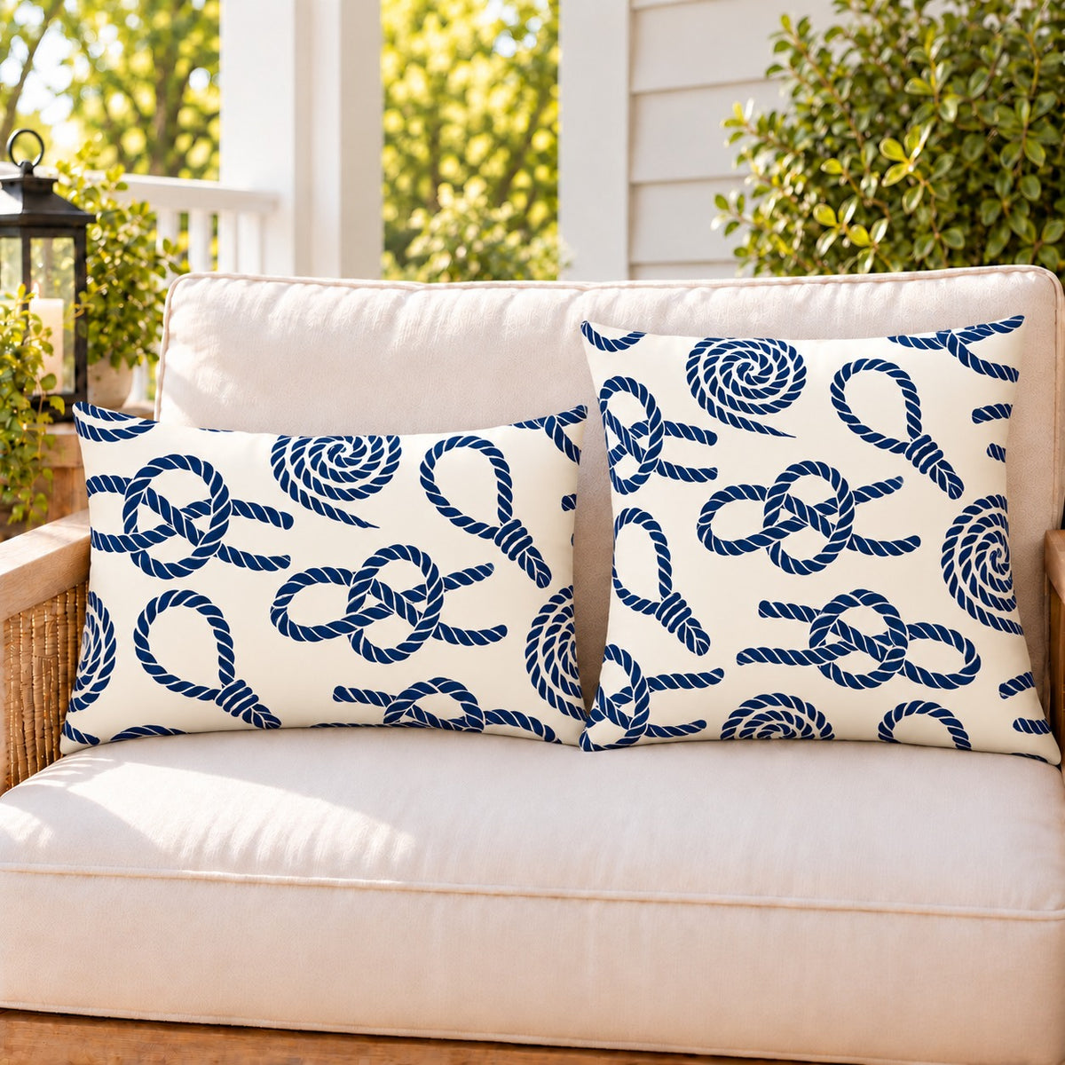 Nautical rope knot outdoor pillow and outdoor lumbar pillow styled together as a set on a porch loveseat
