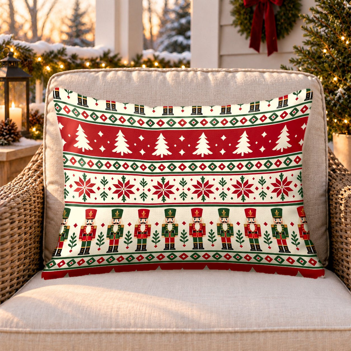 Red Nordic nutcracker outdoor lumbar pillow on a rattan chair on a Christmas porch