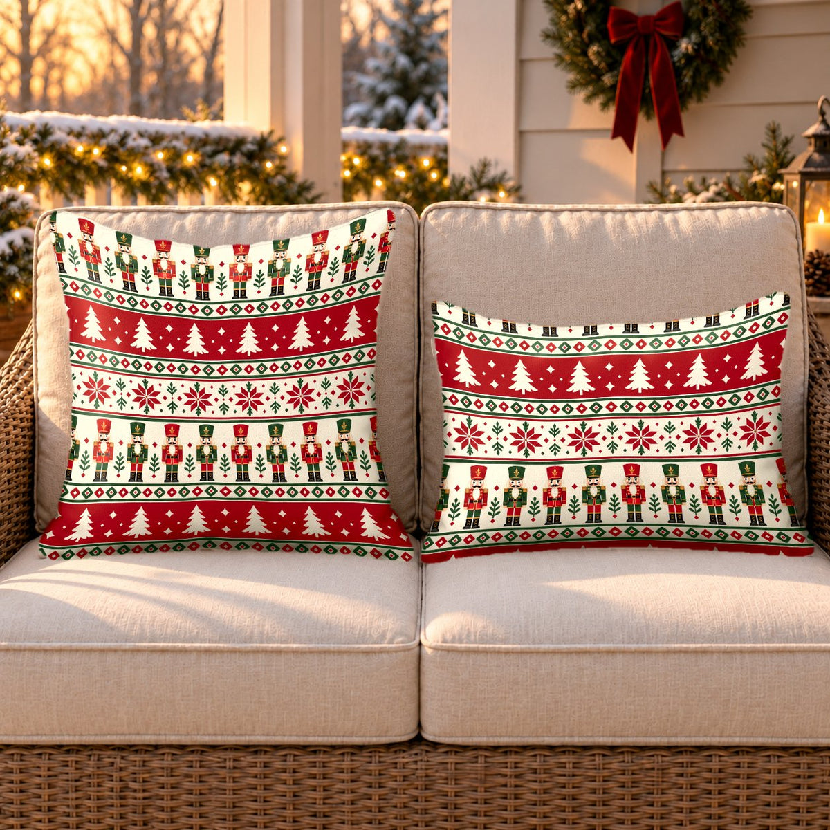 Red Nordic nutcracker outdoor pillow and outdoor lumbar pillow styled together as a set on a wicker loveseat for Christmas
