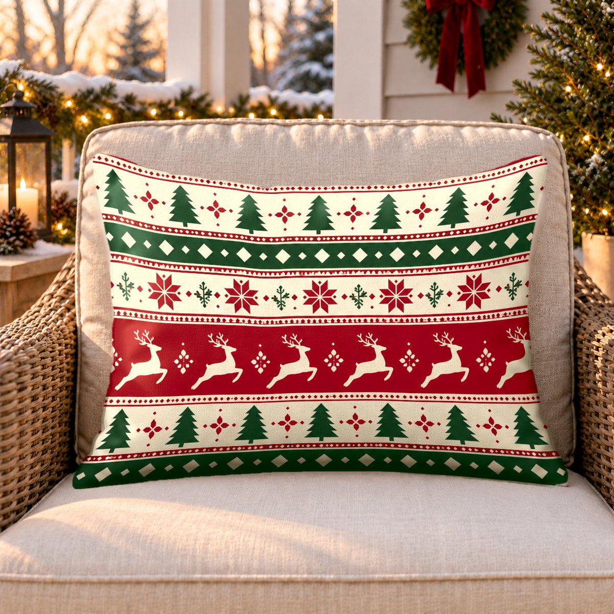 Red Nordic reindeer outdoor lumbar pillow on a rattan chair on a snowy Christmas porch
