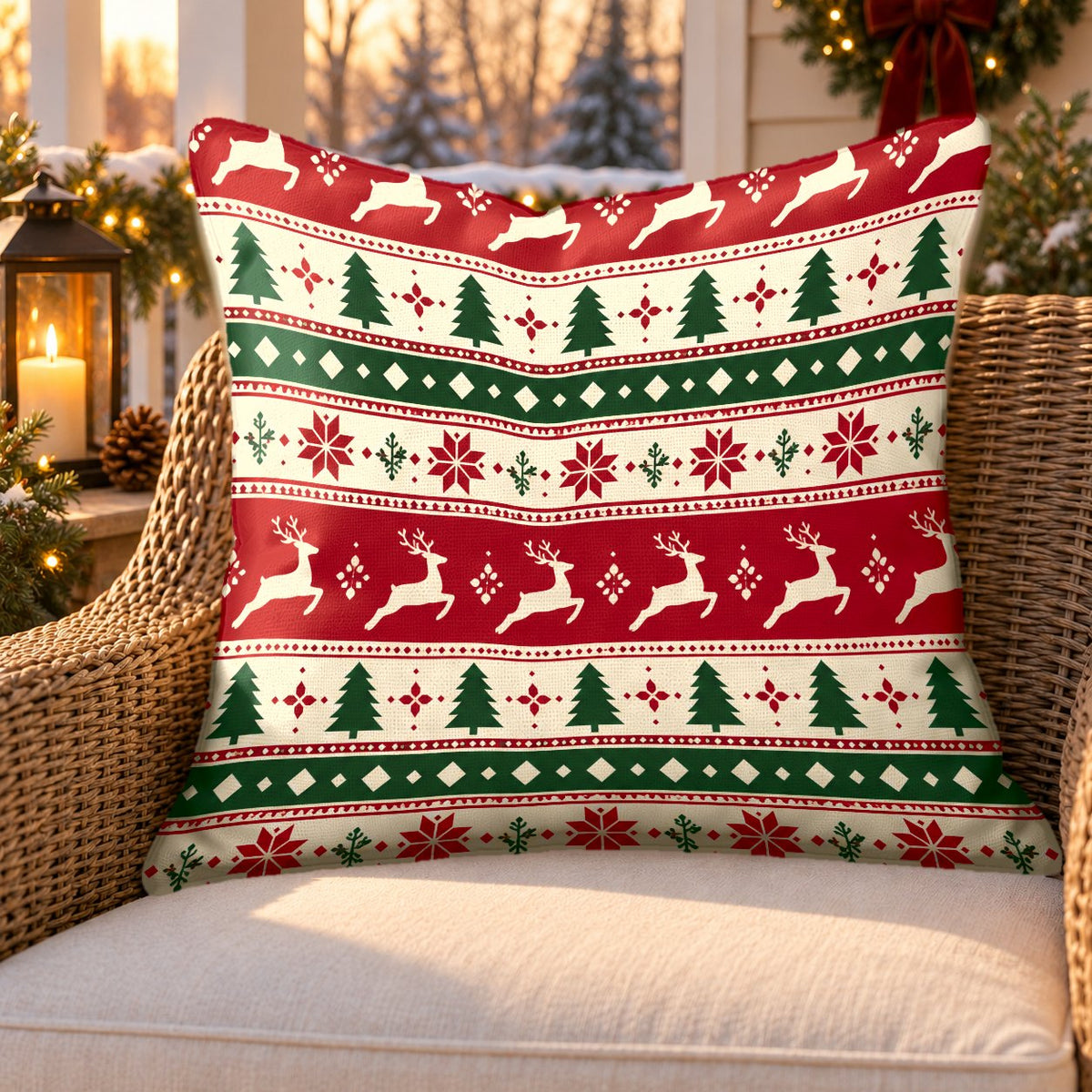 Red Nordic reindeer outdoor pillow on a rattan chair on a snowy Christmas porch