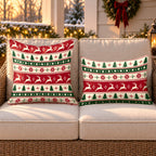 Red Nordic reindeer outdoor pillow and outdoor lumbar pillow styled together as a set on a wicker loveseat for Christmas