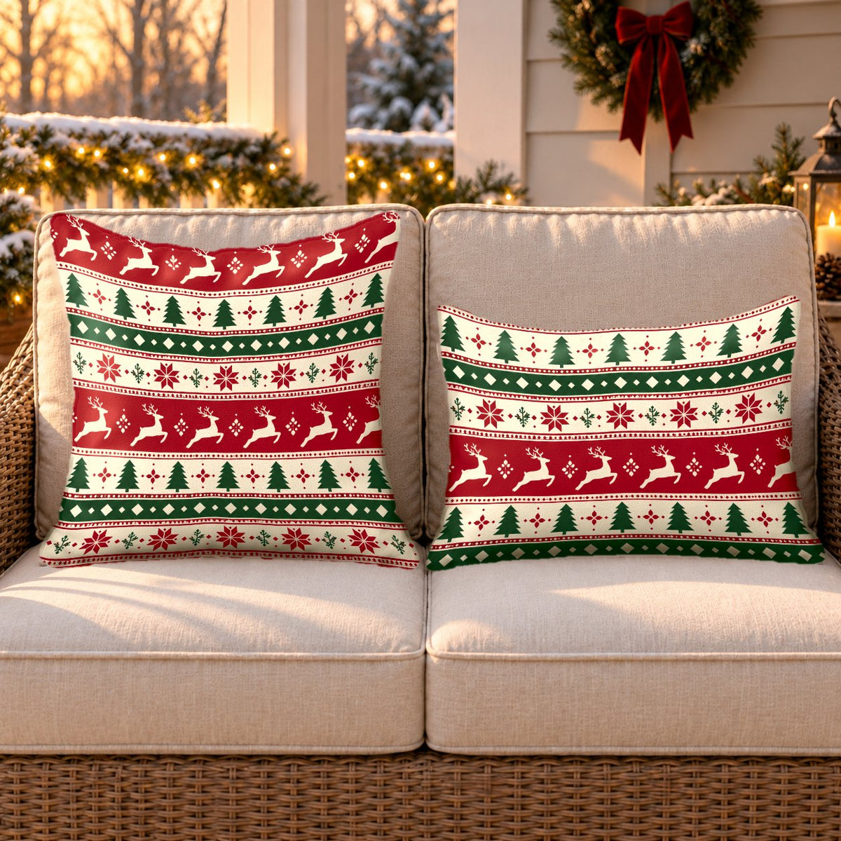 Red Nordic reindeer outdoor pillow and outdoor lumbar pillow styled together as a set on a wicker loveseat for Christmas