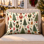 Cream nutcracker and trees outdoor lumbar pillow on a rattan chair on a Christmas porch