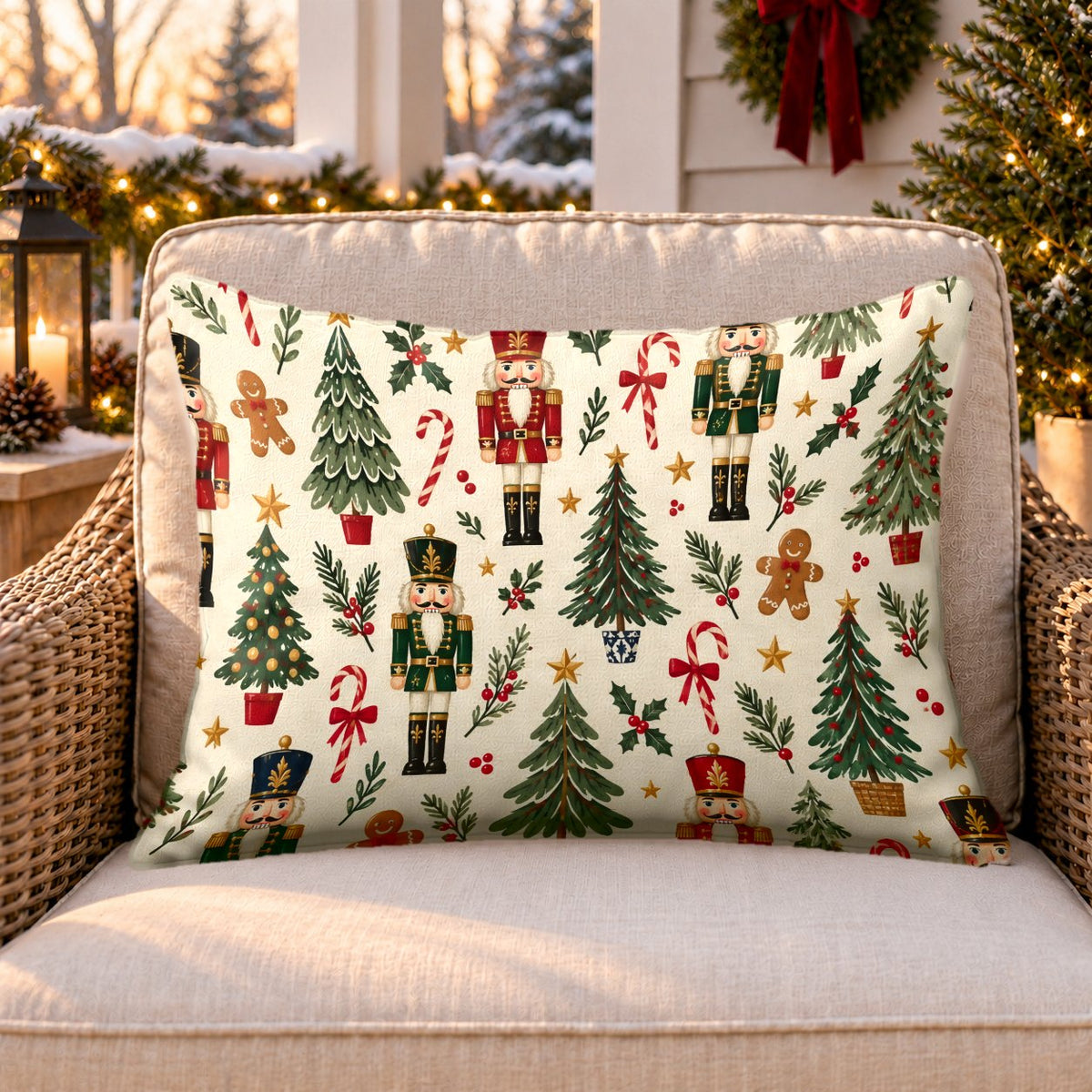 Cream nutcracker and trees outdoor lumbar pillow on a rattan chair on a Christmas porch