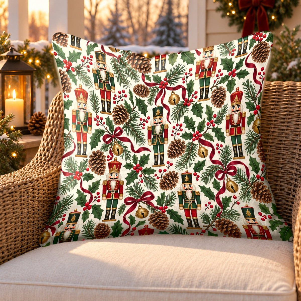 Ivory nutcracker and holly outdoor pillow on a rattan chair on a Christmas porch