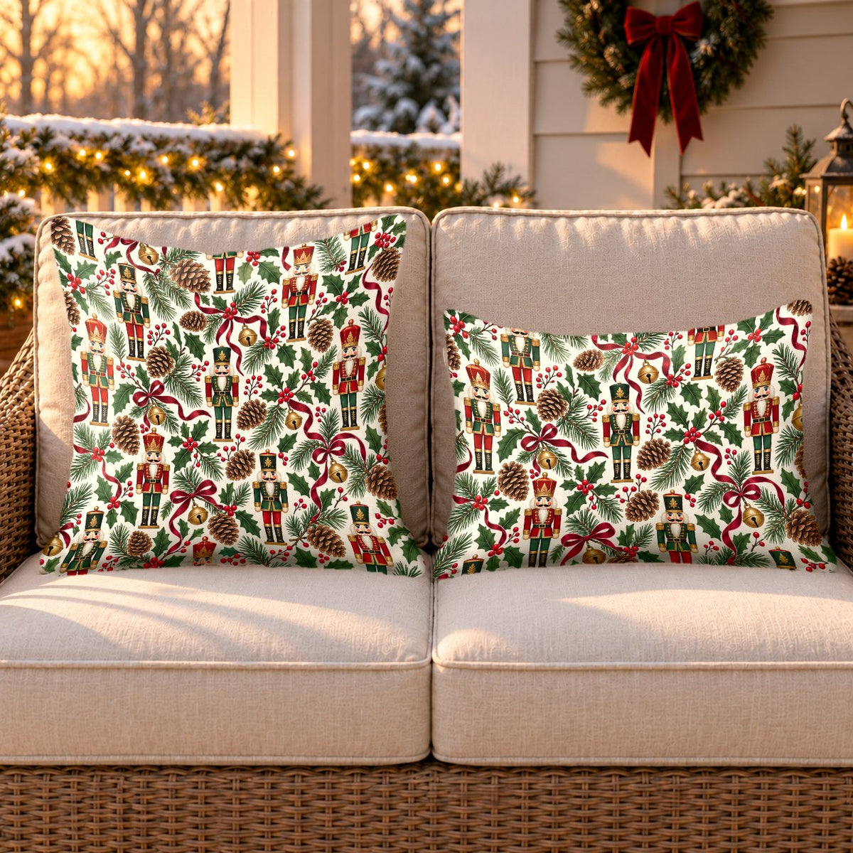 Ivory nutcracker and holly outdoor pillow and outdoor lumbar pillow styled together as a set on a wicker loveseat for Christmas