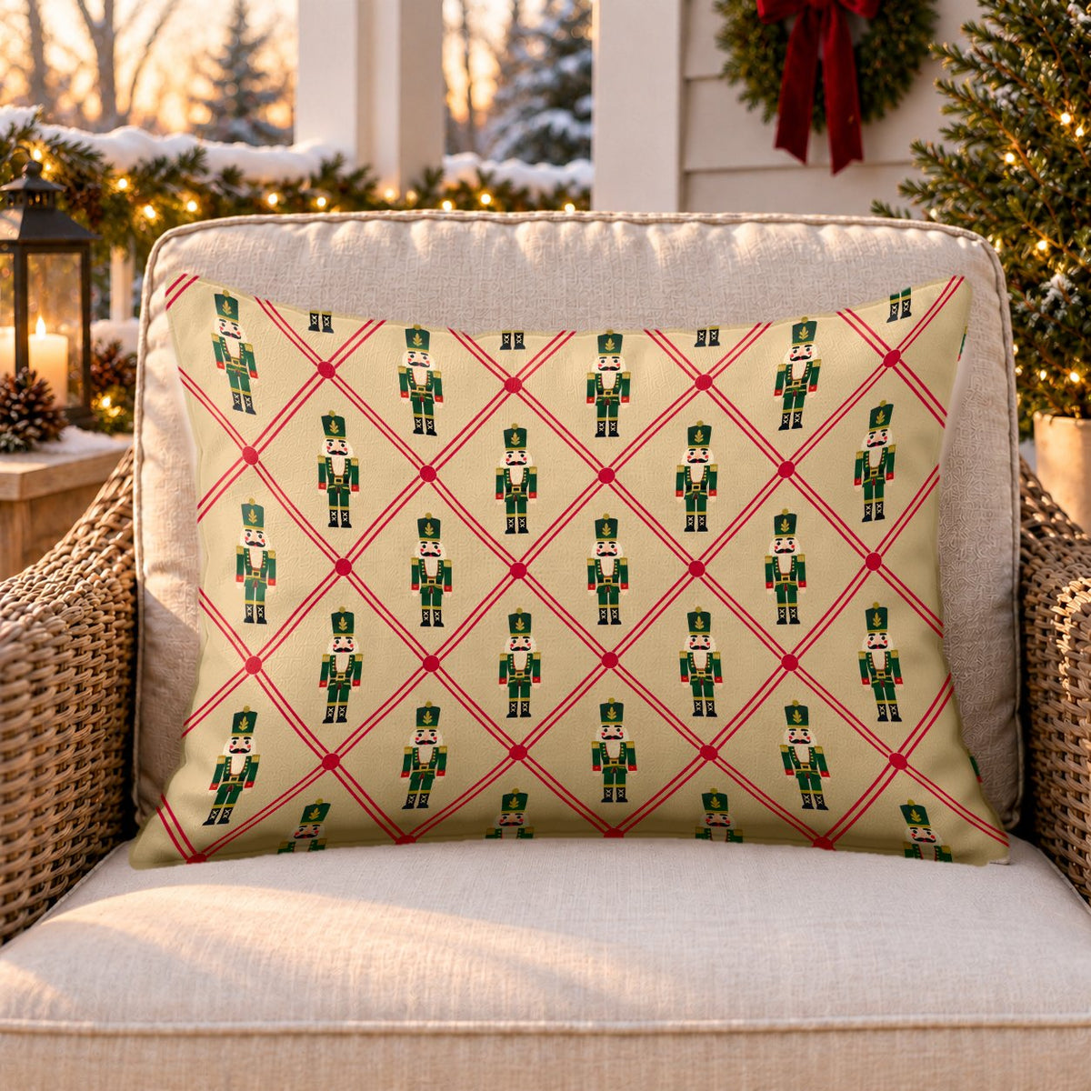 Tan lattice nutcracker outdoor lumbar pillow on a rattan chair on a Christmas porch