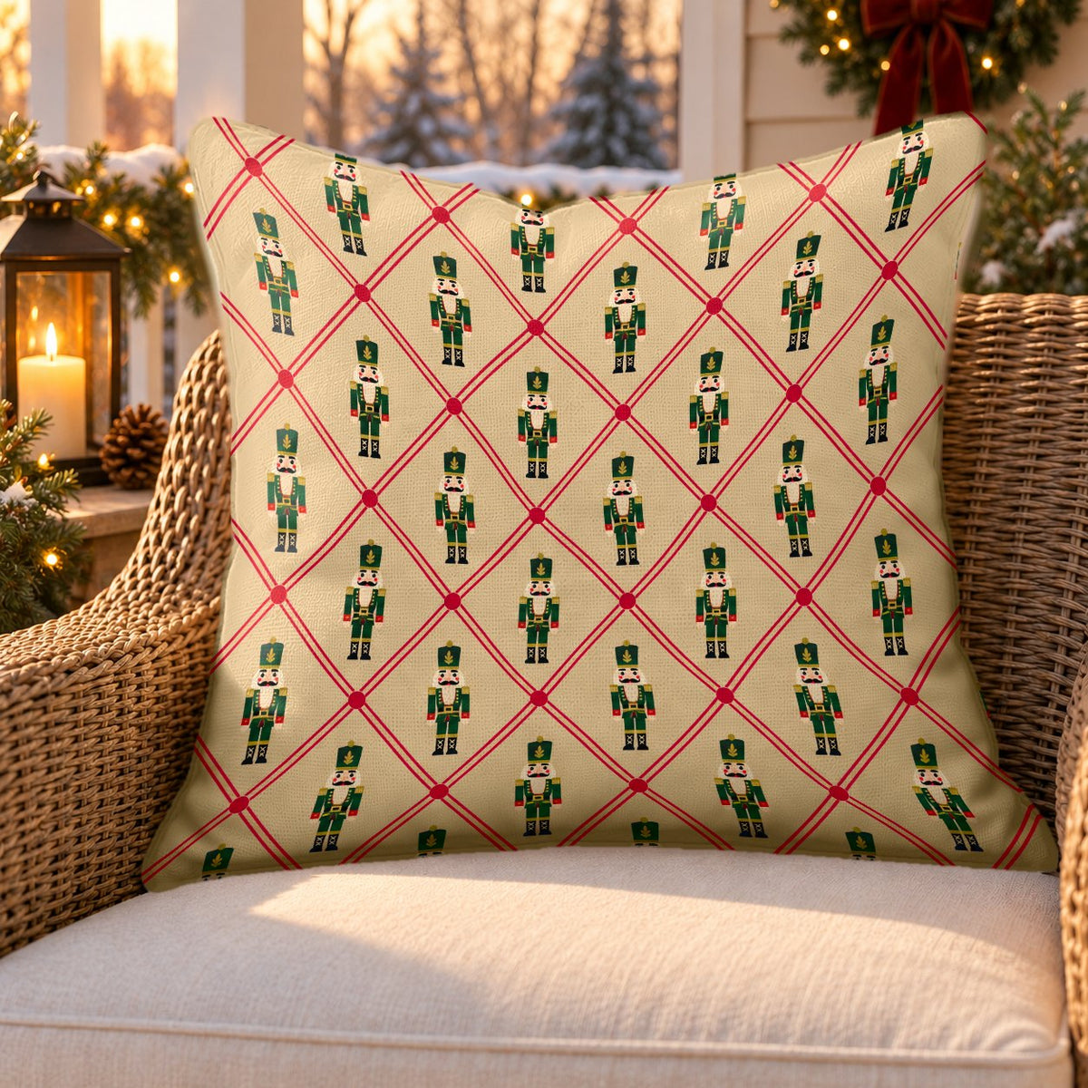 Tan lattice nutcracker outdoor pillow on a rattan chair on a Christmas porch