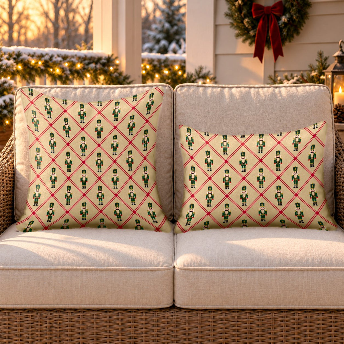 Tan lattice nutcracker outdoor pillow and outdoor lumbar pillow styled together as a set on a wicker loveseat for Christmas
