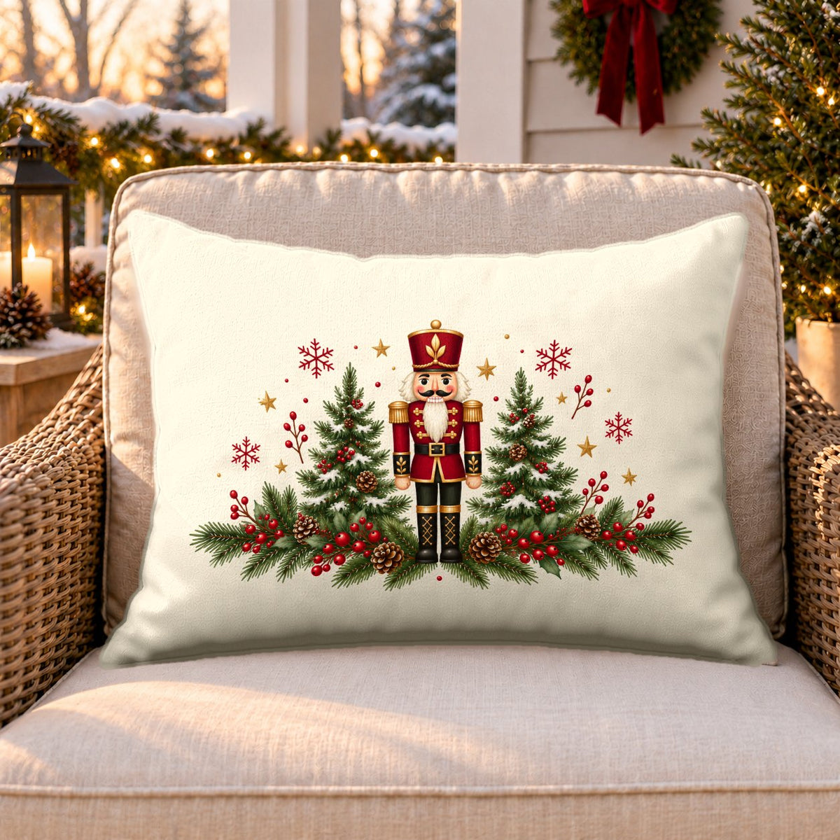 Cream nutcracker and pines outdoor lumbar pillow on a rattan chair on a Christmas porch