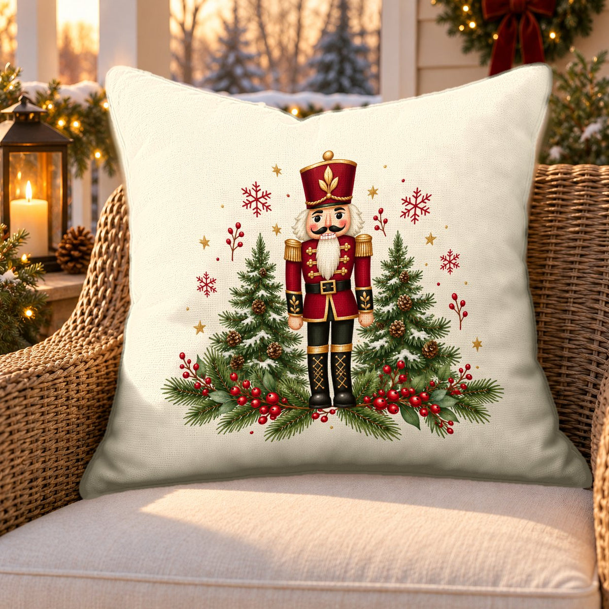 Cream nutcracker and pines outdoor pillow on a rattan chair on a Christmas porch