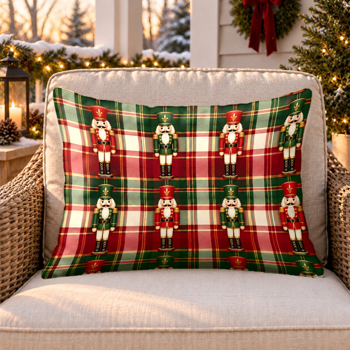 Red plaid nutcracker outdoor lumbar pillow on a rattan chair on a Christmas porch