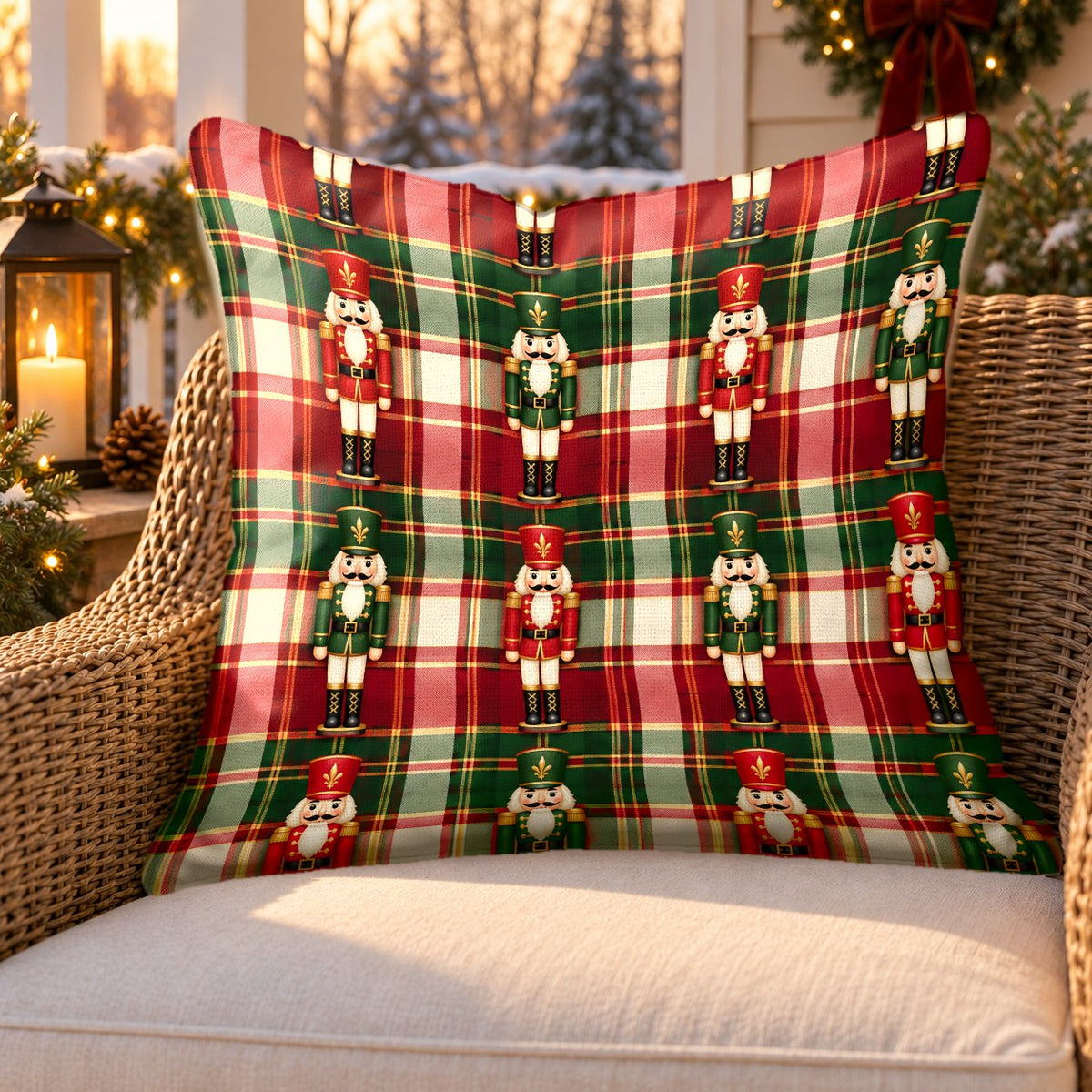 Red plaid nutcracker outdoor pillow on a rattan chair on a Christmas porch