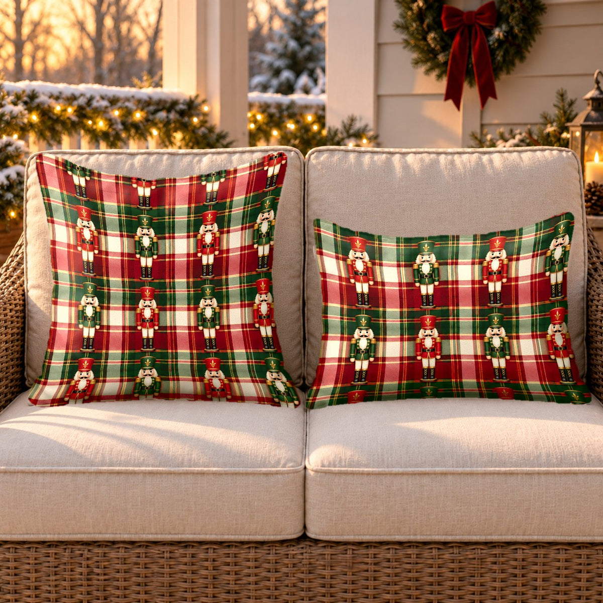 Red plaid nutcracker outdoor pillow and outdoor lumbar pillow styled together as a set on a wicker loveseat for Christmas