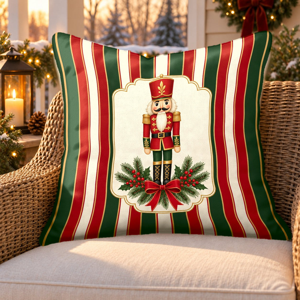 Red stripe nutcracker outdoor pillow on a rattan chair on a Christmas porch
