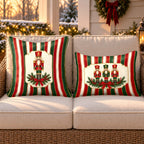 Red stripe nutcracker outdoor pillow and outdoor lumbar pillow styled together as a set on a wicker loveseat for Christmas