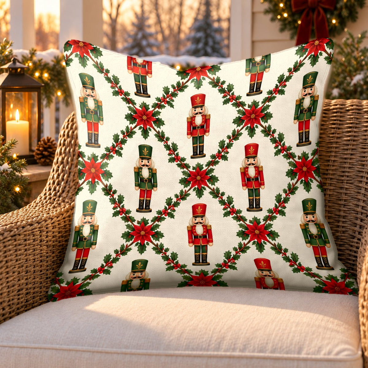 Cream nutcracker trellis outdoor pillow on a rattan chair on a Christmas porch
