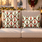 Cream nutcracker trellis outdoor pillow and outdoor lumbar pillow styled together as a set on a wicker loveseat for Christmas