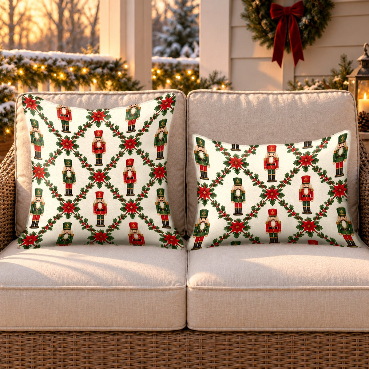 Cream nutcracker trellis outdoor pillow and outdoor lumbar pillow styled together as a set on a wicker loveseat for Christmas