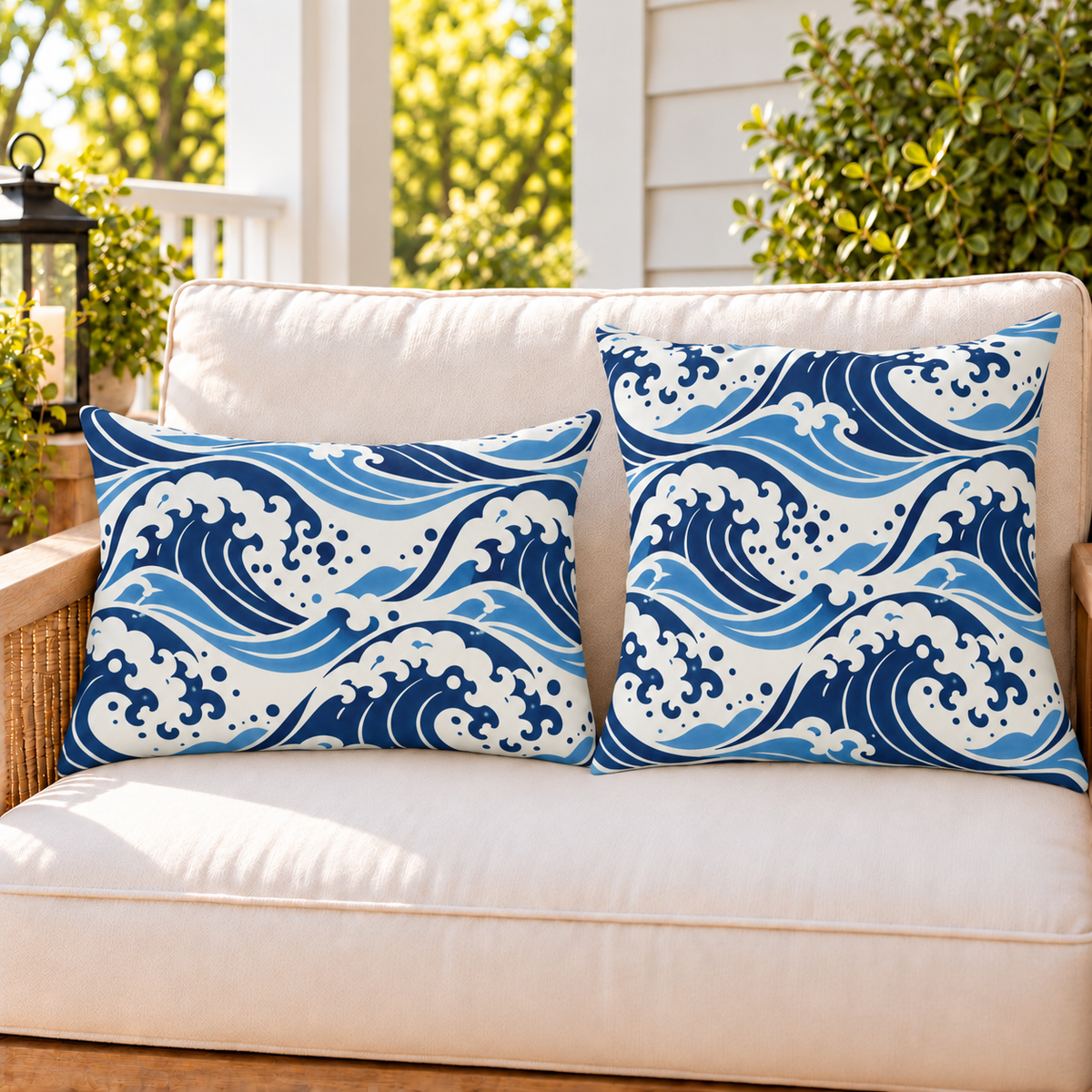 Navy ocean wave outdoor pillow and outdoor lumbar pillow styled together as a set on a porch loveseat