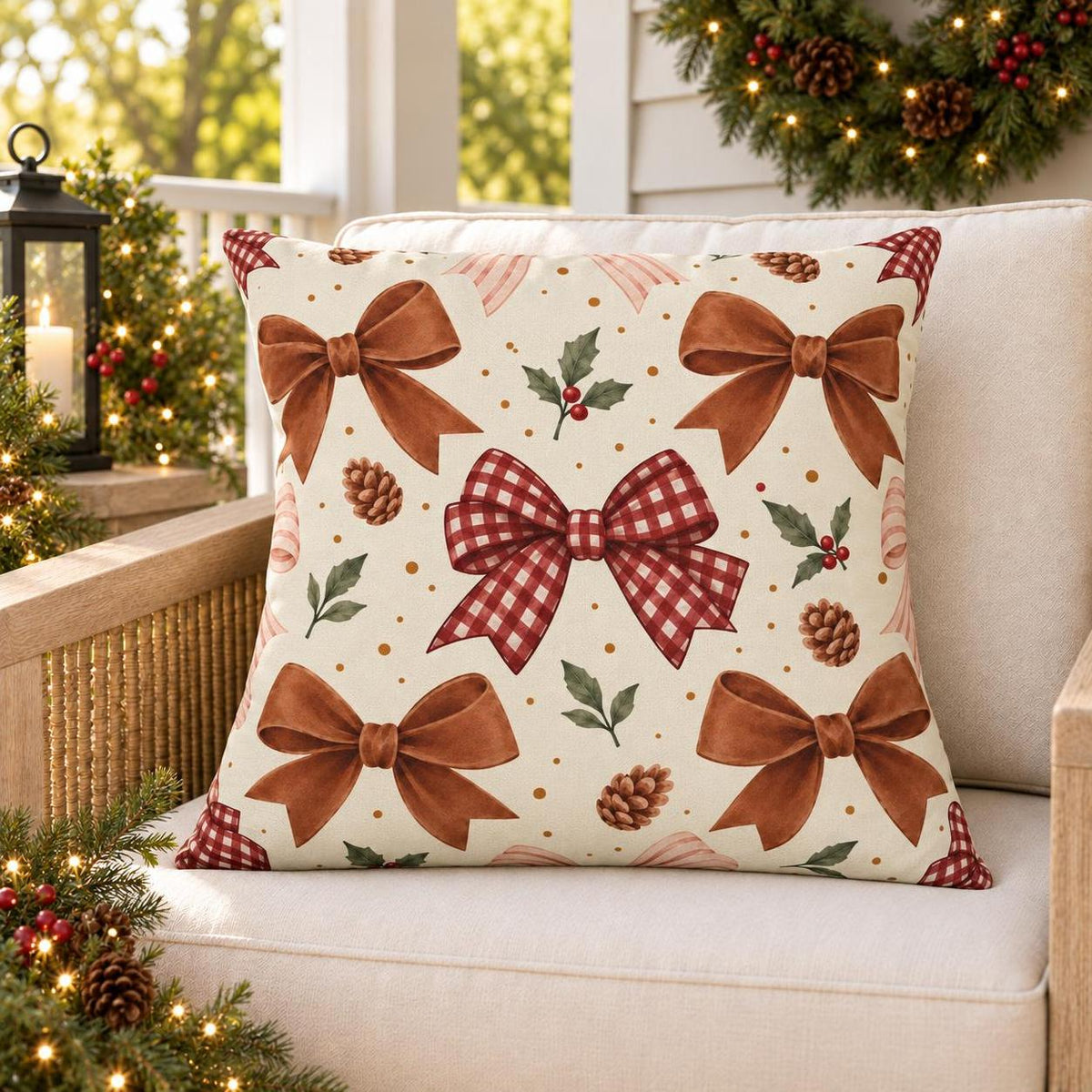 Gingham Bow Brown Outdoor Pillow