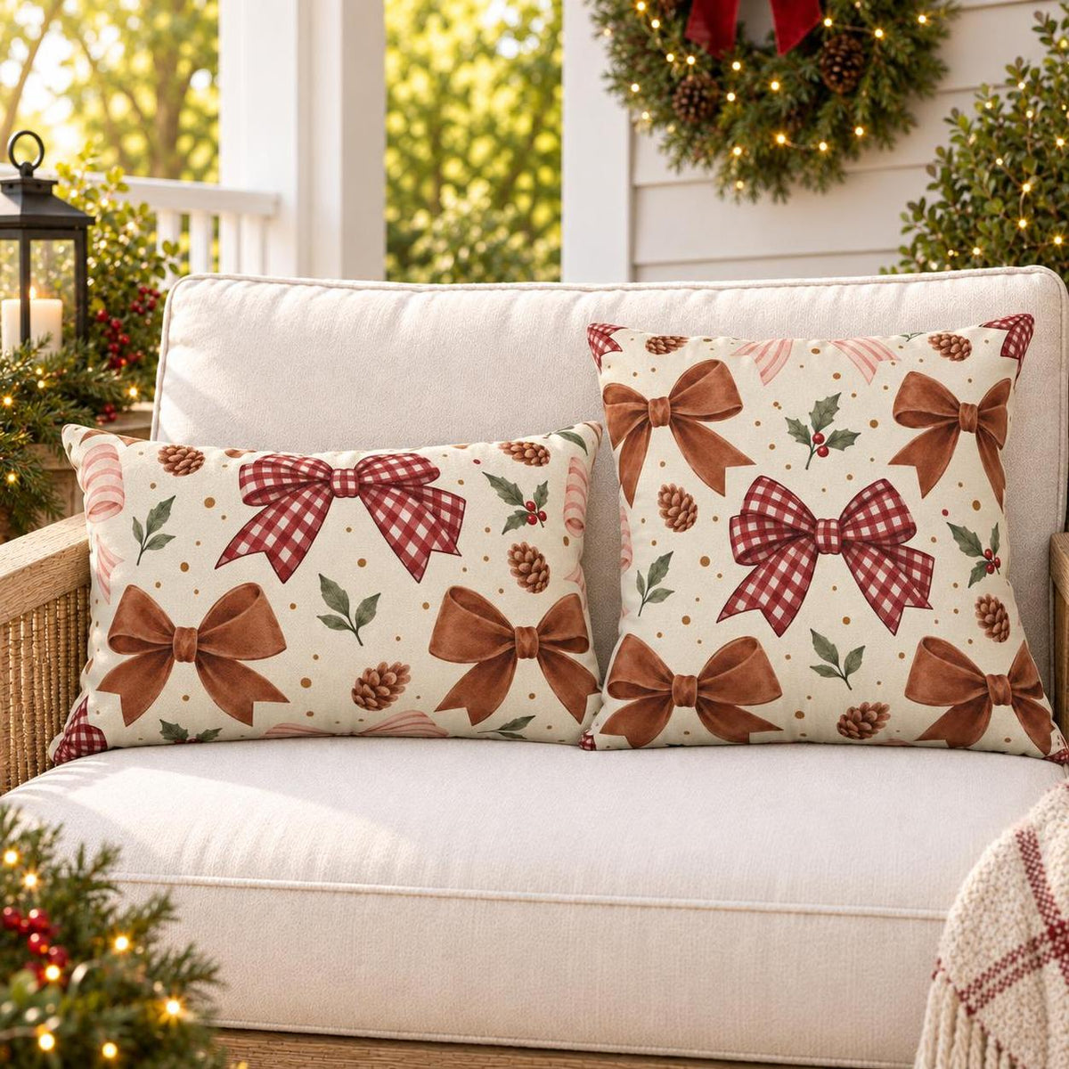 Gingham Bow Brown Outdoor Pillow