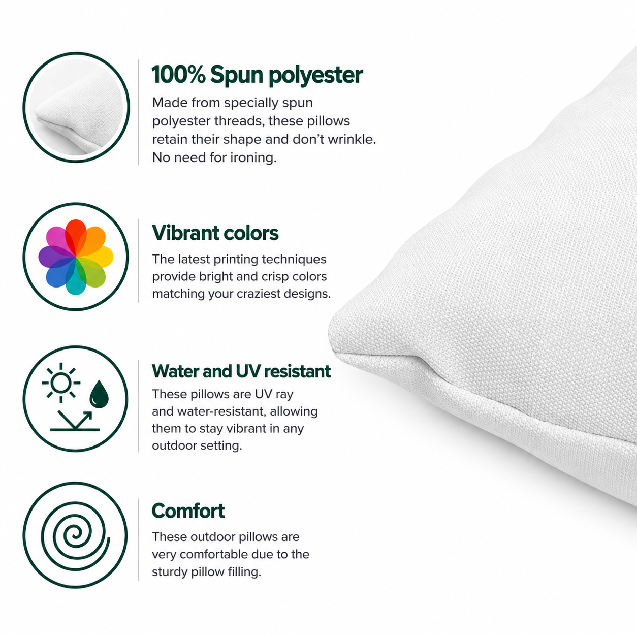 Outdoor pillow features: 100% spun polyester, direct-to-fabric printing, UV and water-resistant, double sided print, sewn seam closure