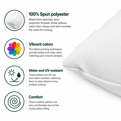 Outdoor pillow features: 100% spun polyester, direct-to-fabric printing, UV and water-resistant, double sided print, sewn seam closure