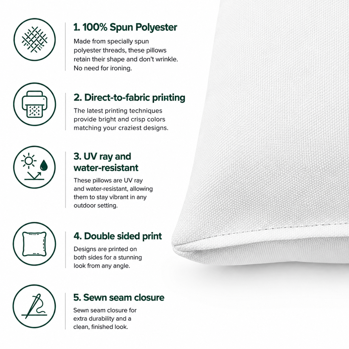 Outdoor pillow features: 100% spun polyester, vibrant colors, water and UV resistant, comfortable sturdy filling