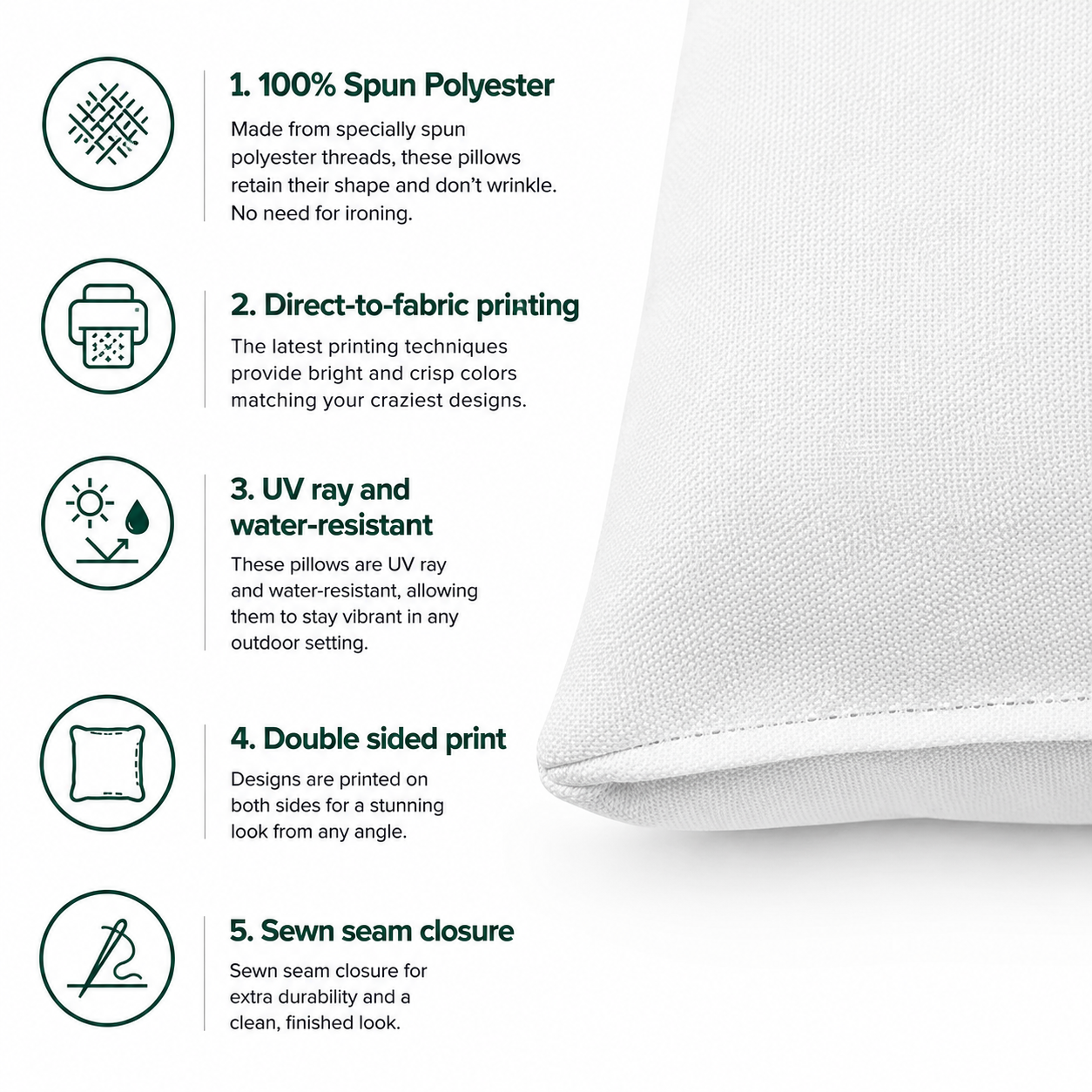 Outdoor pillow features: 100% spun polyester, vibrant colors, water and UV resistant, comfortable sturdy filling
