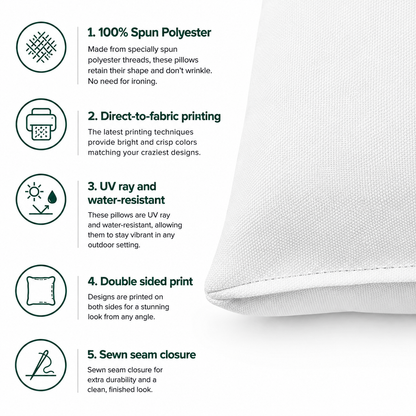Outdoor pillow features: 100% spun polyester, vibrant colors, water and UV resistant, comfortable sturdy filling