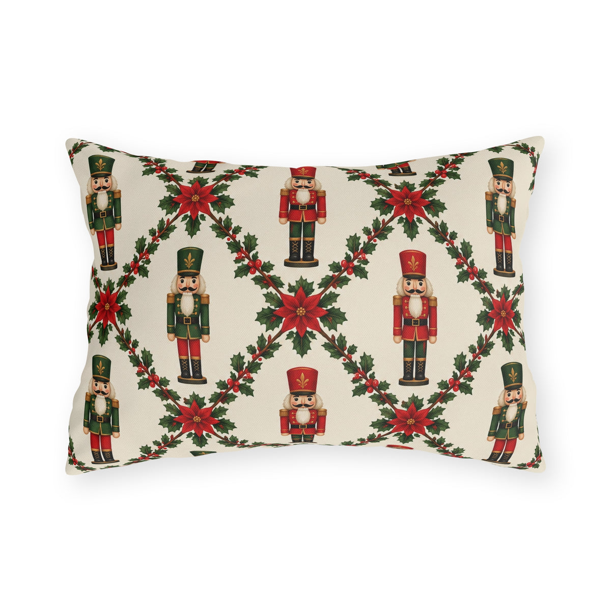 Christmas nutcracker outdoor lumbar pillow with a holly trellis, poinsettias and red and green nutcracker soldiers on cream