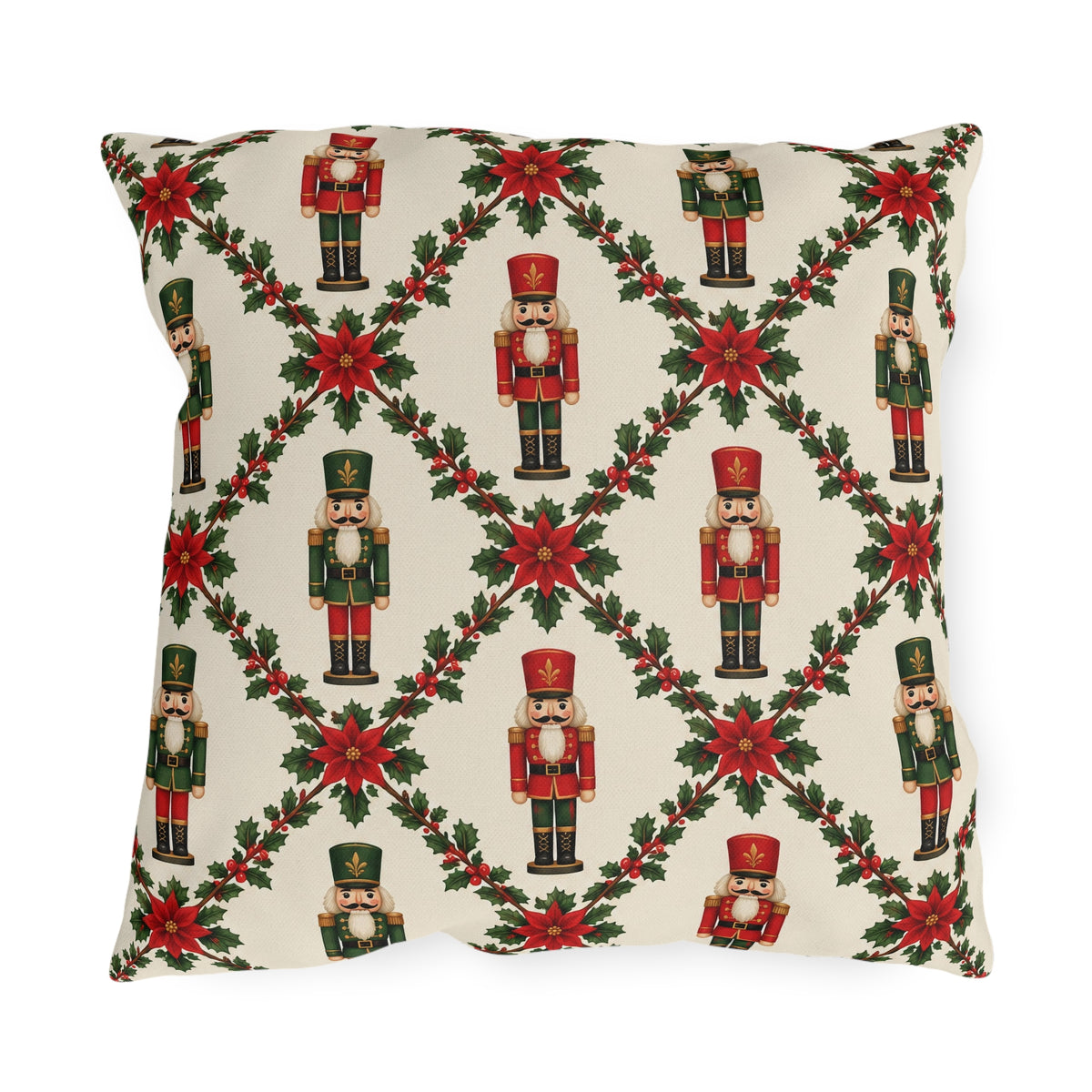 Christmas nutcracker outdoor pillow with a holly trellis, poinsettias and red and green nutcracker soldiers on cream
