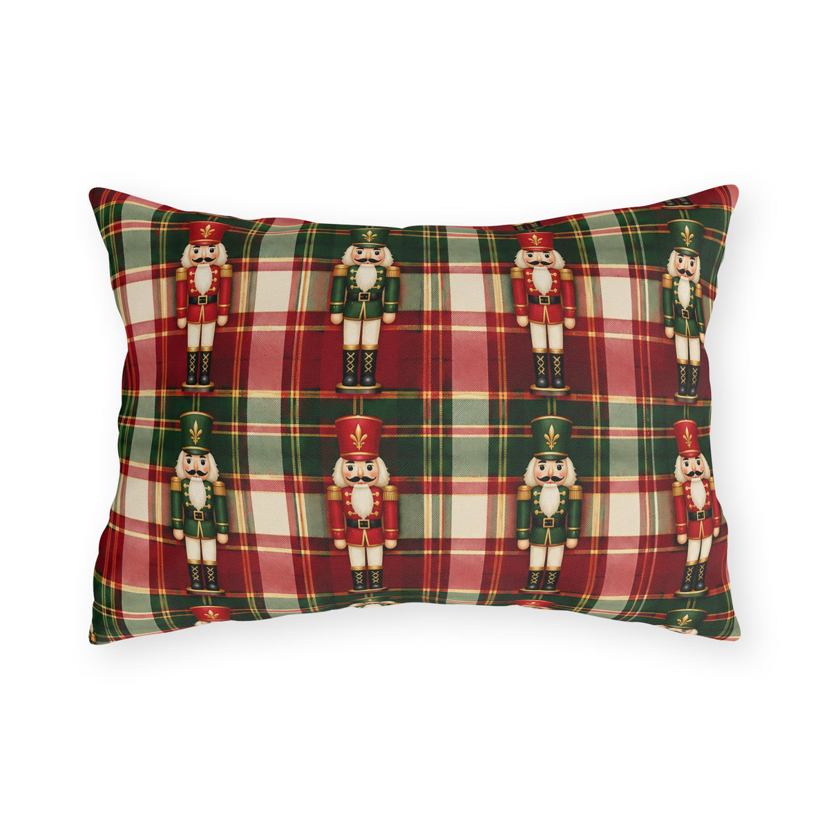 Christmas nutcracker outdoor lumbar pillow with small nutcracker soldiers on red, green and cream tartan plaid