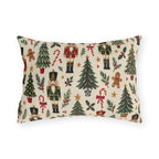 Christmas nutcracker outdoor lumbar pillow with nutcrackers, Christmas trees, gingerbread and candy canes on cream