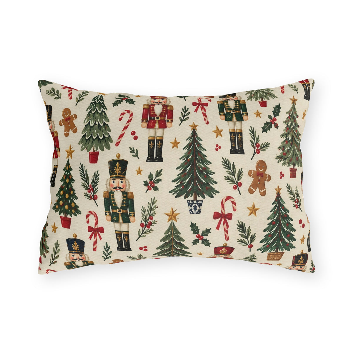 Christmas nutcracker outdoor lumbar pillow with nutcrackers, Christmas trees, gingerbread and candy canes on cream