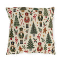 Christmas nutcracker outdoor pillow with nutcrackers, Christmas trees, gingerbread and candy canes on cream