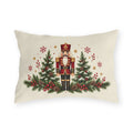 Christmas nutcracker outdoor lumbar pillow with a nutcracker between pine trees, berries and snowflakes on cream
