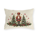 Christmas nutcracker outdoor lumbar pillow with a nutcracker between pine trees, berries and snowflakes on cream