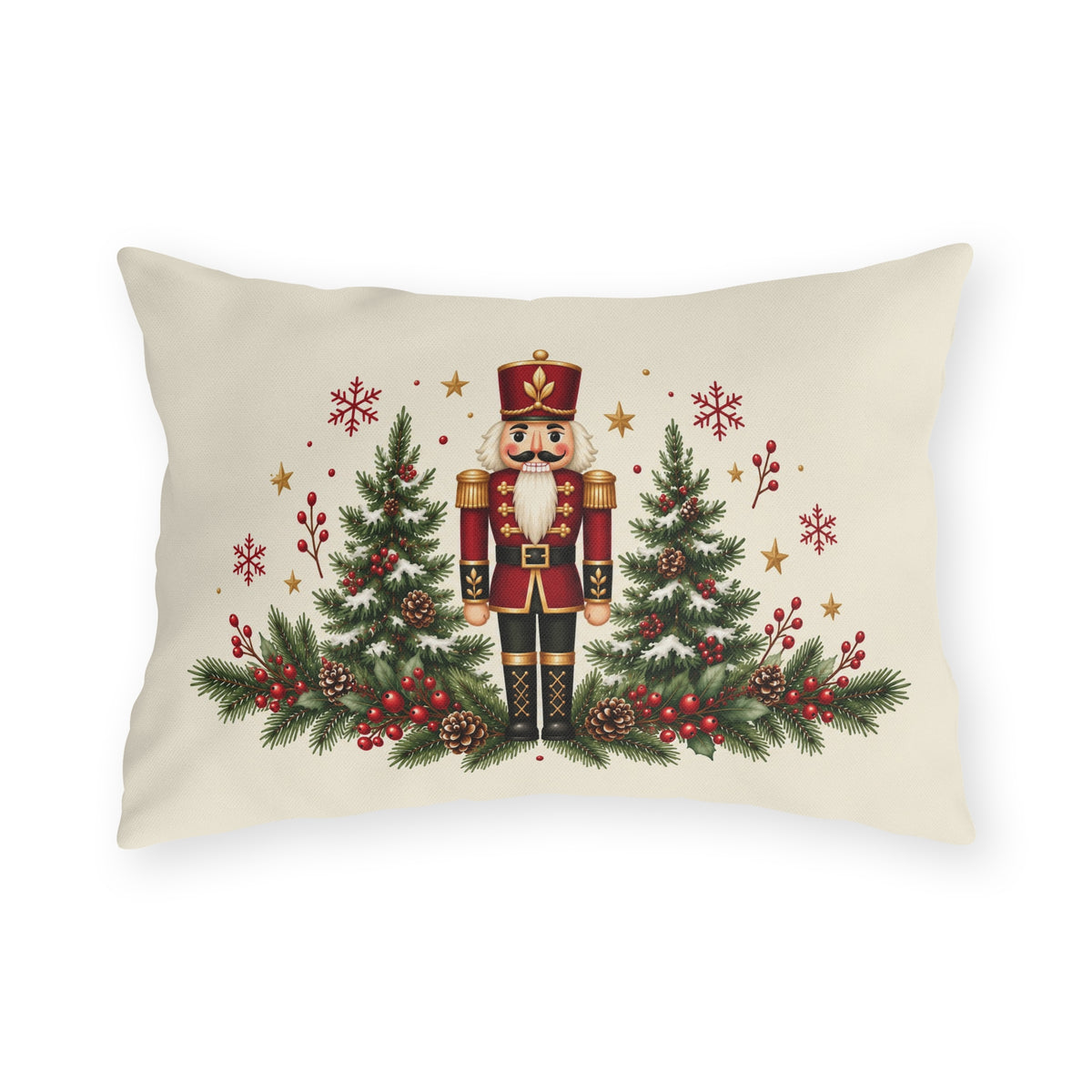 Christmas nutcracker outdoor lumbar pillow with a nutcracker between pine trees, berries and snowflakes on cream