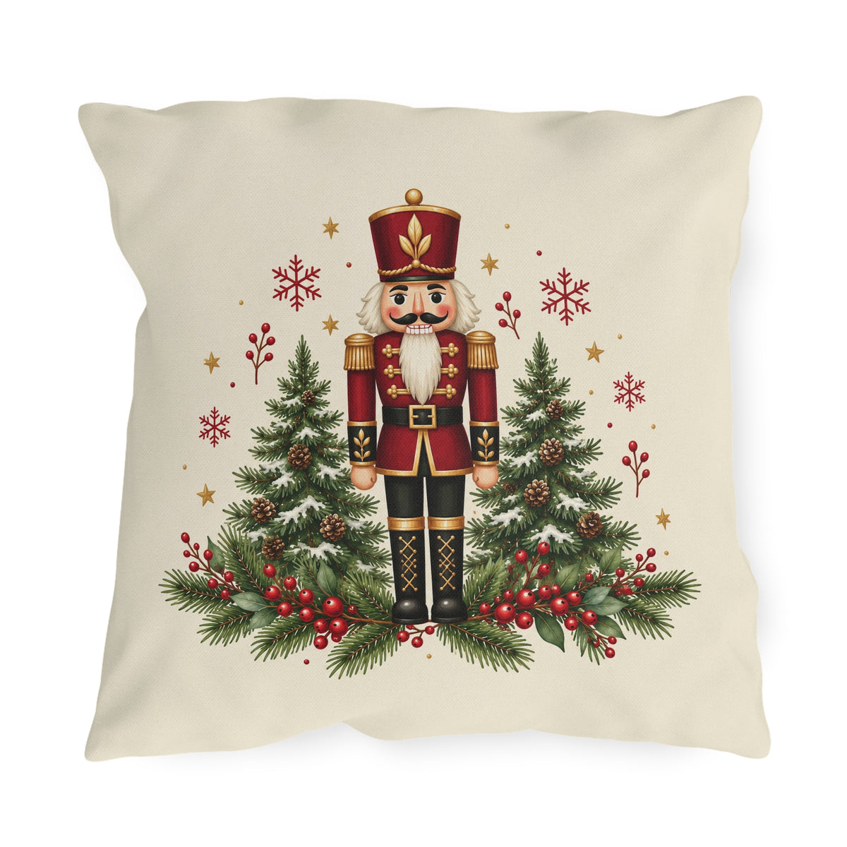 Christmas nutcracker outdoor pillow with a nutcracker between pine trees, berries and snowflakes on cream