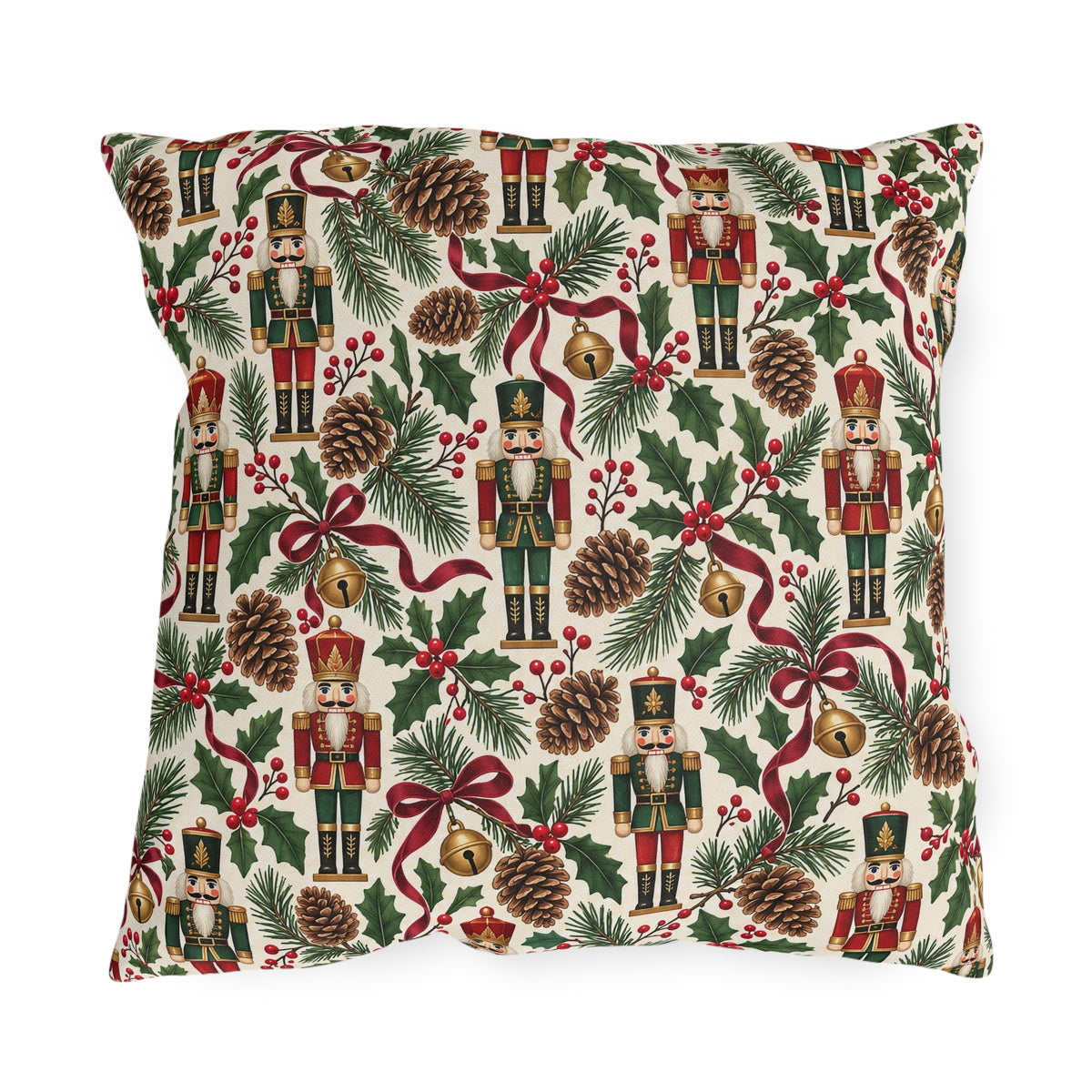 Vintage Christmas nutcracker outdoor pillow with nutcrackers, pine, pinecones, holly and burgundy ribbon on ivory