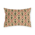 Christmas nutcracker outdoor lumbar pillow with a cranberry diamond lattice and green nutcrackers on tan